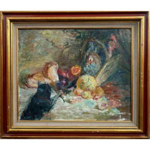 "cat, Chickens And Fruits" By Yvonne Mondin Circa 1930