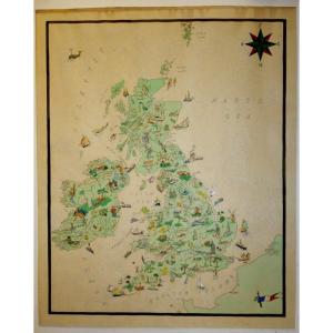 "united Kingdom" Original Map, Ink And Watercolour...1955