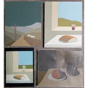 Lot Of 4 Paintings "still Lifes, Landscape" By M.babet 1951/88/89