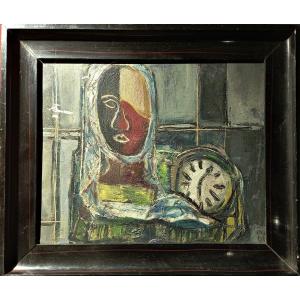 "PORTRAIT a la PENDULE" CUBISTE ..Signature Illisible ...1947 (?)