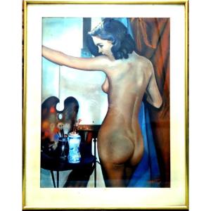 Naked Brune In The Workshop" Pastel R.gayral ....1949
