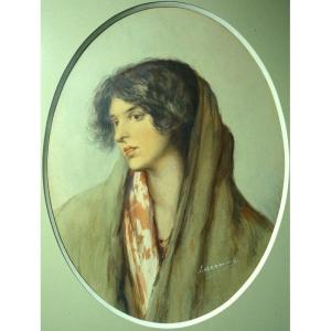 "young Woman" Watercolor By Lacomme Late 19th Century