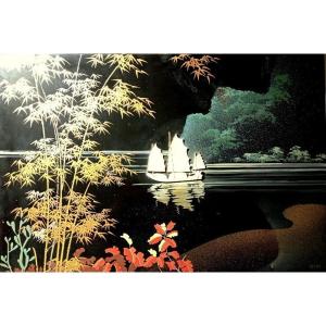 "junk On The Mekong" Lacquer By Le Thy Circa 1950