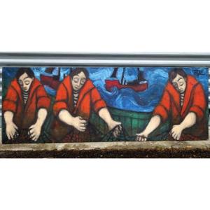 "fishermen With A Net" Large Canvas By P.gille Around 1950/60