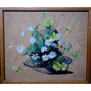 "marguerites" Gouache By André Lagrange Around 1930