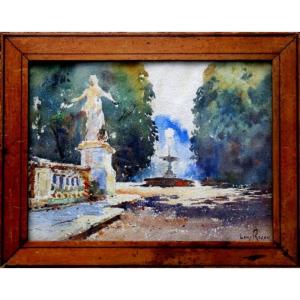 "fountaine And Statue In The Park" Watercolor By Louis Ricon ..1900/20