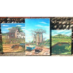 Lot de 3 "TABLEAUX MALGACHES" par IBONIA (?)...MADAGASC'ART