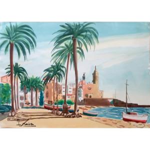 "sitges Summer" Watercolor By J.laiva Circa 1950/60