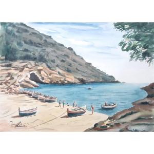 "creek In Catalonia" Watercolor By J.laiva Around 1950/60