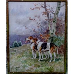 "tied Hunting Dogs" Watercolor By Frederic Rotig ..1896