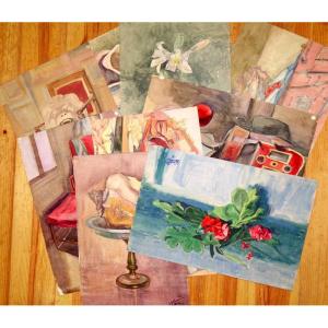 Lot Of 10 Watercolors "still Life" G.geraud 1911/14