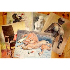 Lot Of 5 Large Watercolors "still Lifes" G.geraud 1911