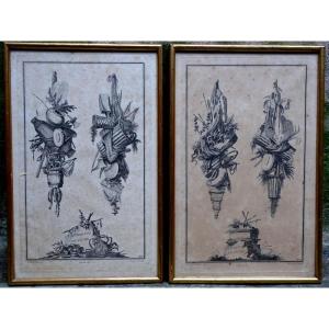 2 Engravings "fishing Attributes" Jc Delafosse 18th