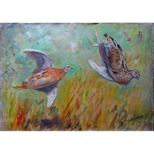 "quails Shot In Flight" By Alfred Andrieux Circa 1930