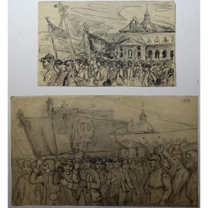 "demonstration In Poland" Signed Drawings Illegible....1914