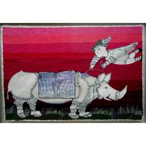 "the Brushing Of The Pig" Tapestry By Elisabeth Baillon 1993