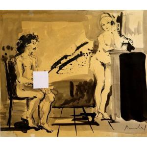 "erotic Self-portrait" Ink By Carlos Pradal Circa 1960/70