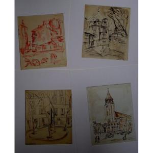 Lot Of 4 Wash Paintings "paris" By Antonio Suarez (spanish) 1951/52