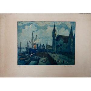 "the Port Of Antwerp" Aquatint By Pmroy Around 1900