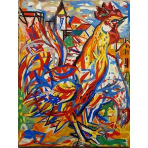 "rooper And Hen" Gouache By Charles Walch, Alsace Circa 1945