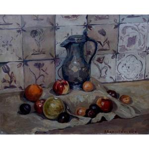 "tin Carafe And Fruits" By Marcel Desper (?) Circa 1930