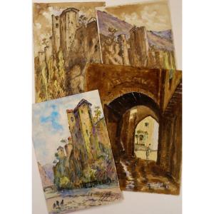 4 Watercolors "tarascon In Ariege" G.izaure-dezes ...1945