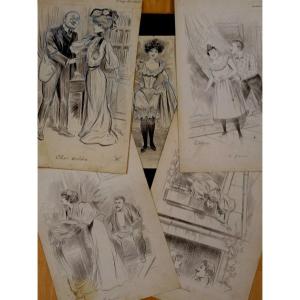 Lot Of 5 "humoristic Drawings" By Gil Baer Circa 1910