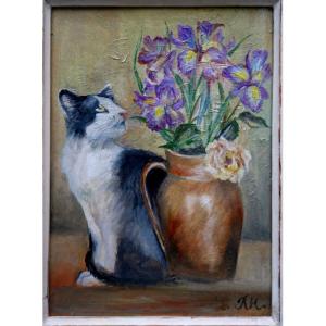 "cat And Bouquet Of Iris" Monogrammed Rh Circa 1950