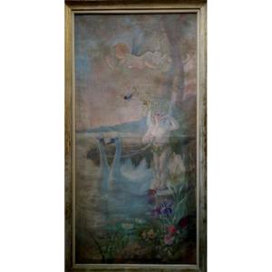 "angels In The Marsh" Very Large Art Nouveau Painting Circa 1900