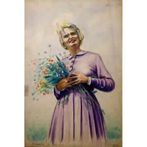 "woman With A Bouquet Of Flowers" Watercolor .... 1932