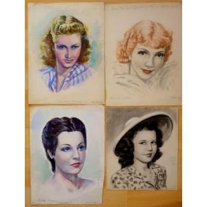 4 "portraits Of Famous Actresses" Drawing, Watercolor ...1944
