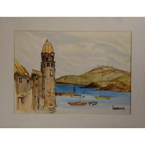 "collioure" Watercolor By Marcel Halnaut Circa 1960/65