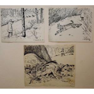 3 Hunters "moose, Lynx, Mouflon" By A.andrieux 1936