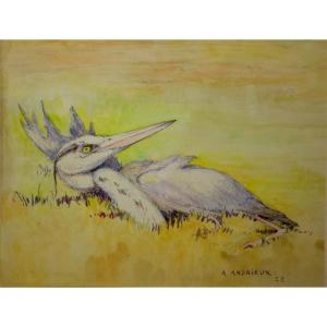 "wounded Grey Heron" Watercolor By A. Andrieux, 1922