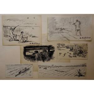 6 Drawings "the Hunters" By Alfred Andrieux Circa 1930
