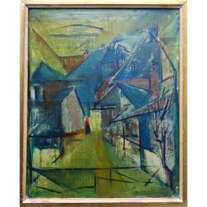 "pyrenean Village" Cubist Painting By Ch. De Casteras Circa 1950