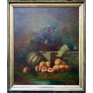 Large "morteau Nature With Autumn Fruits" Late 19th Century