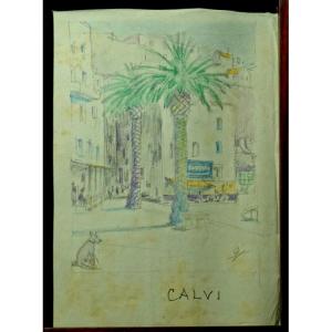 "calvi" Drawing By Gustave Alaux ...corsica 1942