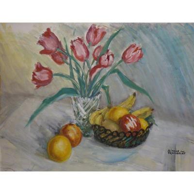 "Nature Morte aux Tulipes" par Simone ROUSSELET vers 1950