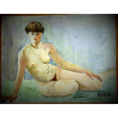 "Femme Nue" Aquarelle de Simone ROUSSELET vers 1960