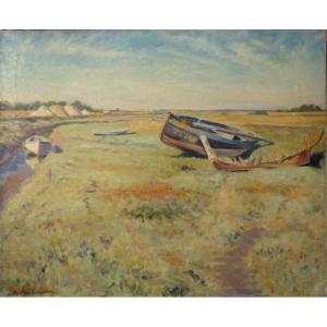 "old Boats And Salt Marshes" Alfred Andrieux Around 1930