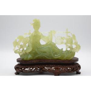 Lady And Peonies In Serpentine Jade