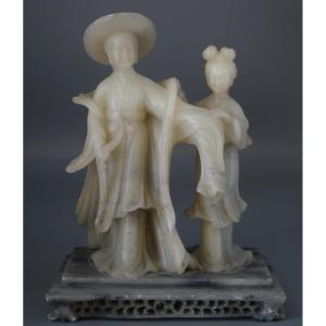 Elegant Chinese Soapstone Sculpture – The Lady And Her Maid (circa 1950)