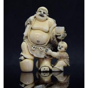 Ivory Netsuke Made Of Narwhal Tusk: Hotei With Child