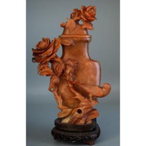 Carved Stone Vase With Flowers And Bird