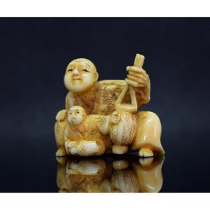 Netsuke, Meiji Era: Jurojin And Child, Signed 