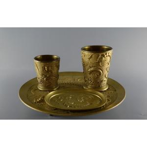Chinese Copper Alloy Smoking Set Decorated With Dragons, Late Qing Dynasty
