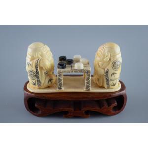 Scene Of A Go Game In Finely Carved Bone, Circa 1950