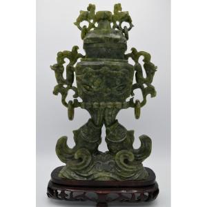 Green Jade Covered Vase With Taotie Decoration And Dragon Handles
