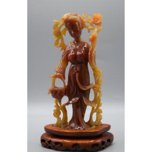 Magnificent Carved Agate Statuette Of A Woman With Flowers